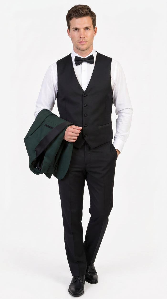 Men’s Hunter Green Tuxedo Suit with Black Pants and Vest, Wedding Prom Formal Tuxedo