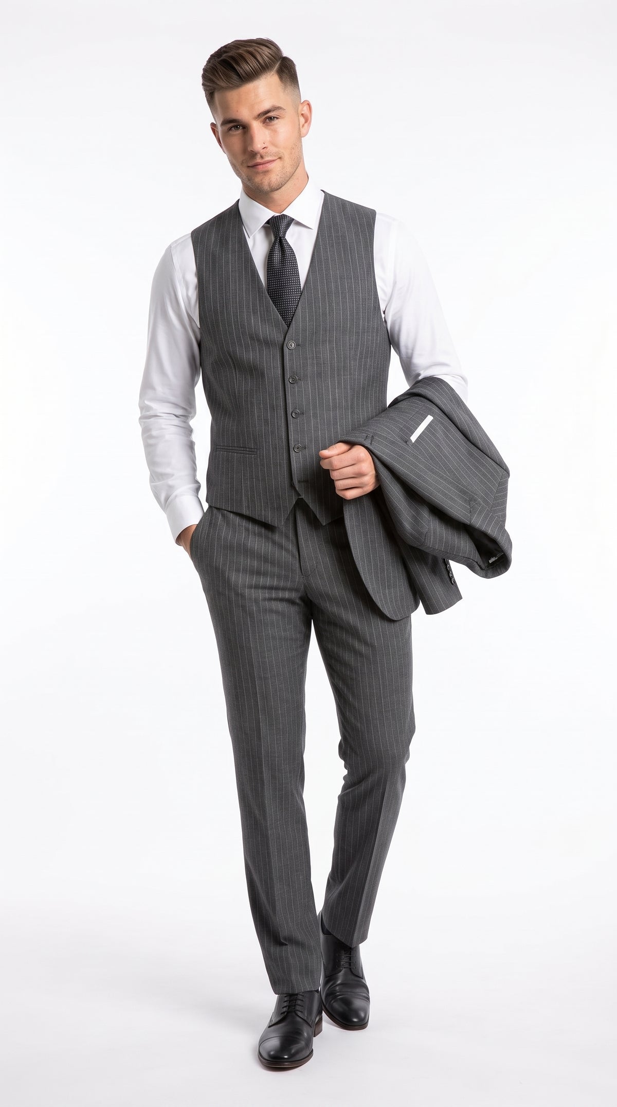 Men’s Charcoal Grey Pinstripe 3-Piece Wool Suit – 2 Button Modern Fit Vested Business & Wedding Suit