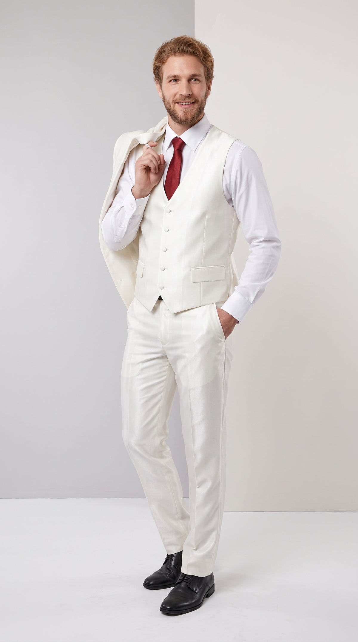 Tazio Men’s White Shiny Sharkskin 3 Piece Suit, Modern Fit Vested Formal Wedding Prom Suit