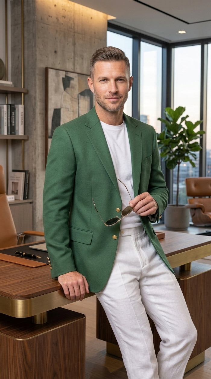 Men’s Green Blazer with Gold Buttons, Four Button Sleeve Dress Casual Sport Coat