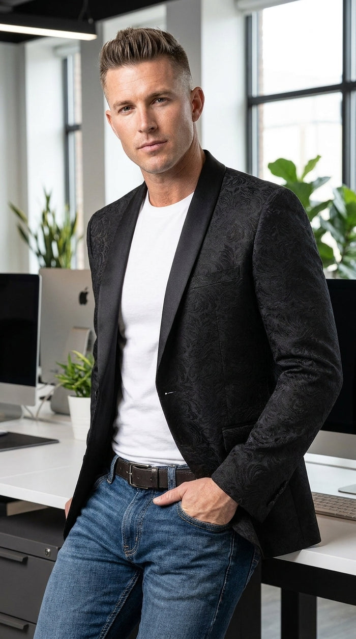 Men’s Black Paisley Jacquard Western Blazer with Satin Shawl Lapel, Formal Designer Sport Coat