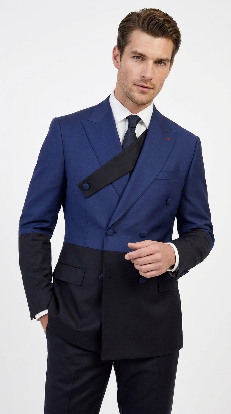Statement Men’s Two Tone Double Breasted Suit, Modern Fit 2 Piece Wool Formal Wedding Suit