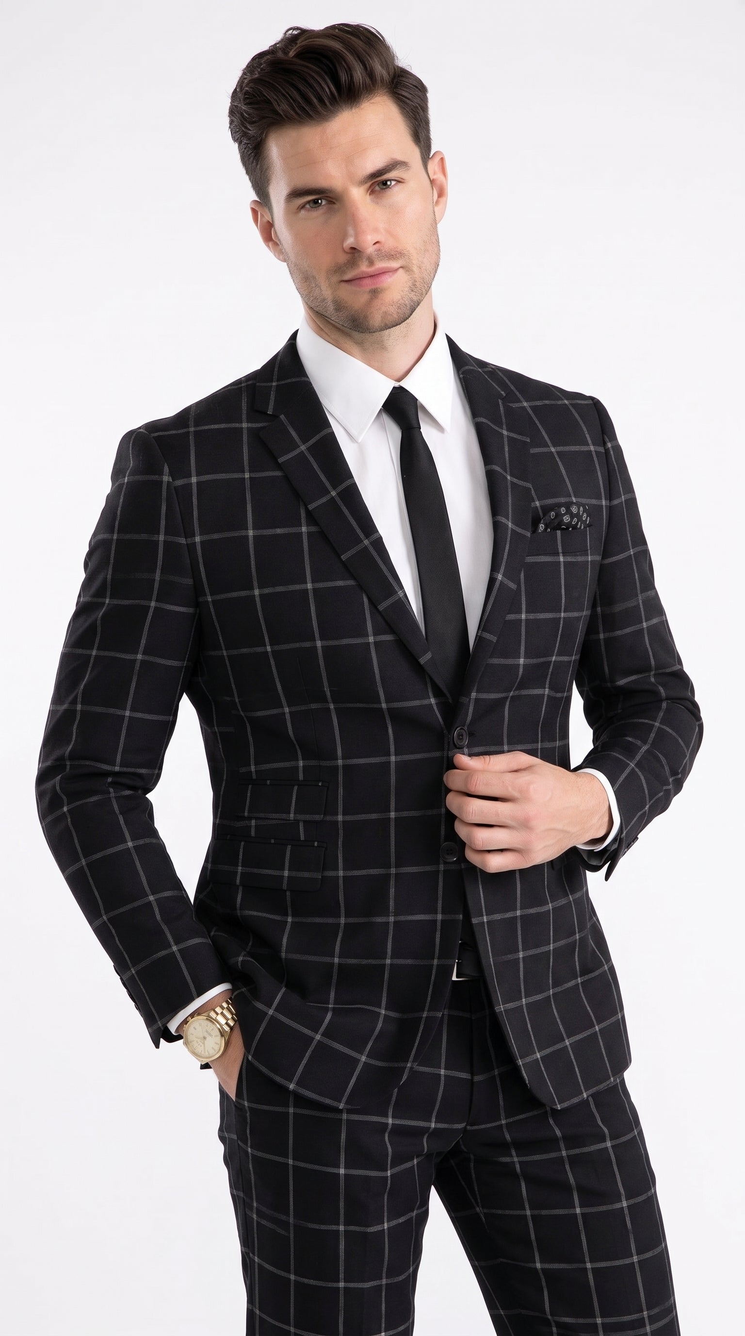 Men’s Black Windowpane Plaid Suit, 1920s Inspired Formal Wedding Prom Dress Suit