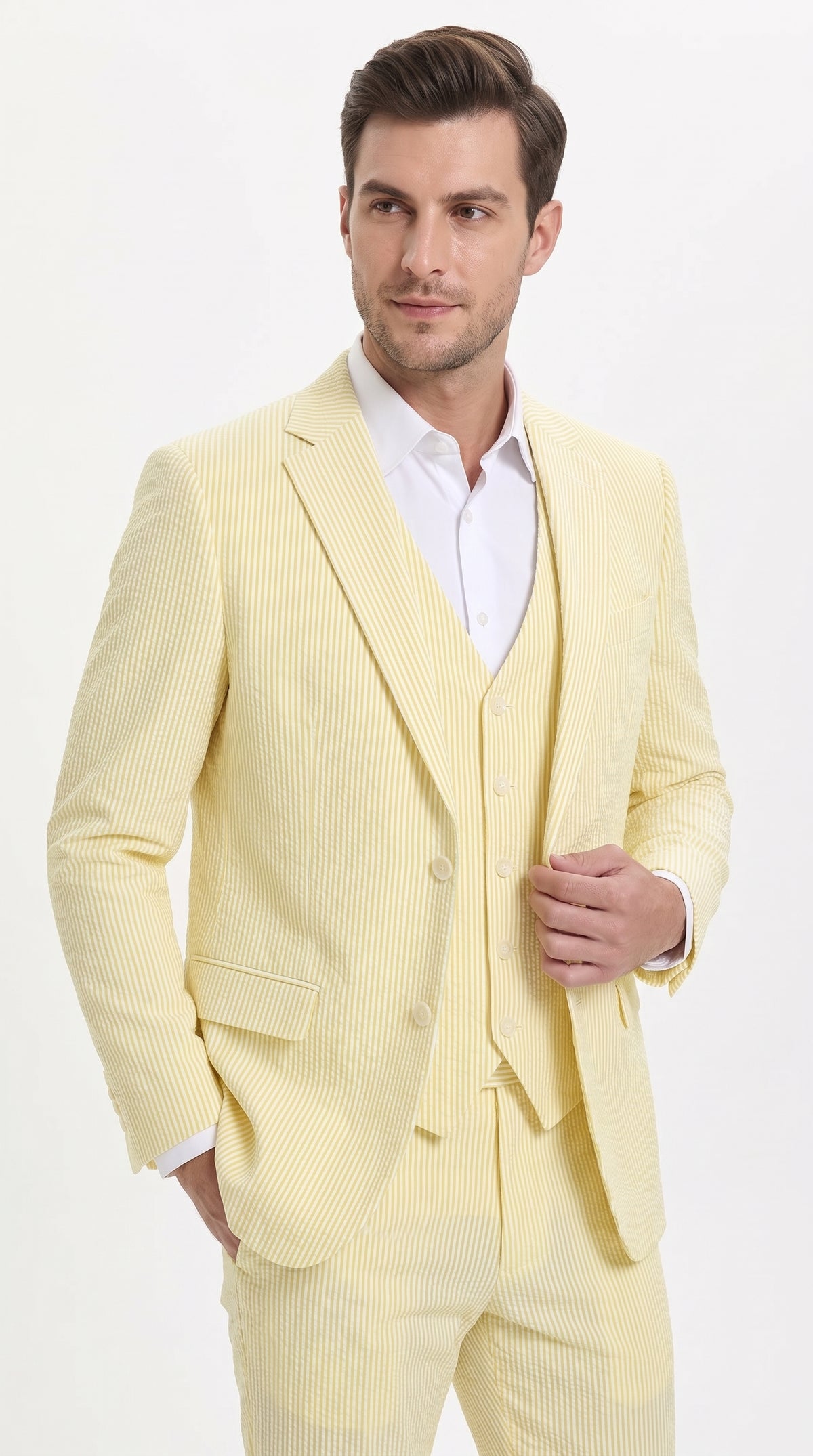 Men’s Yellow Pinstripe Seersucker Suit – 3-Piece Summer Wedding Suit with Jacket, Vest & Pants