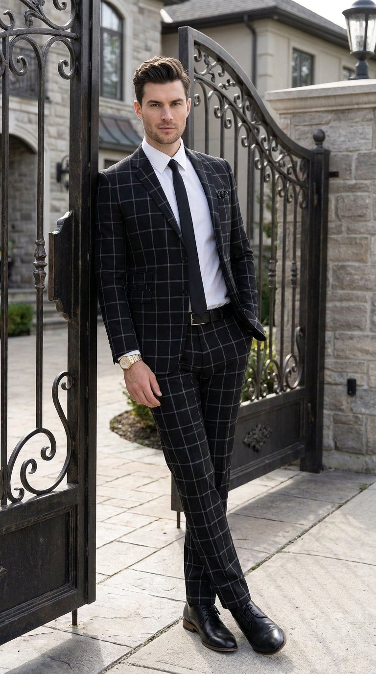 Men’s Black Windowpane Plaid Suit, 1920s Inspired Formal Wedding Prom Dress Suit