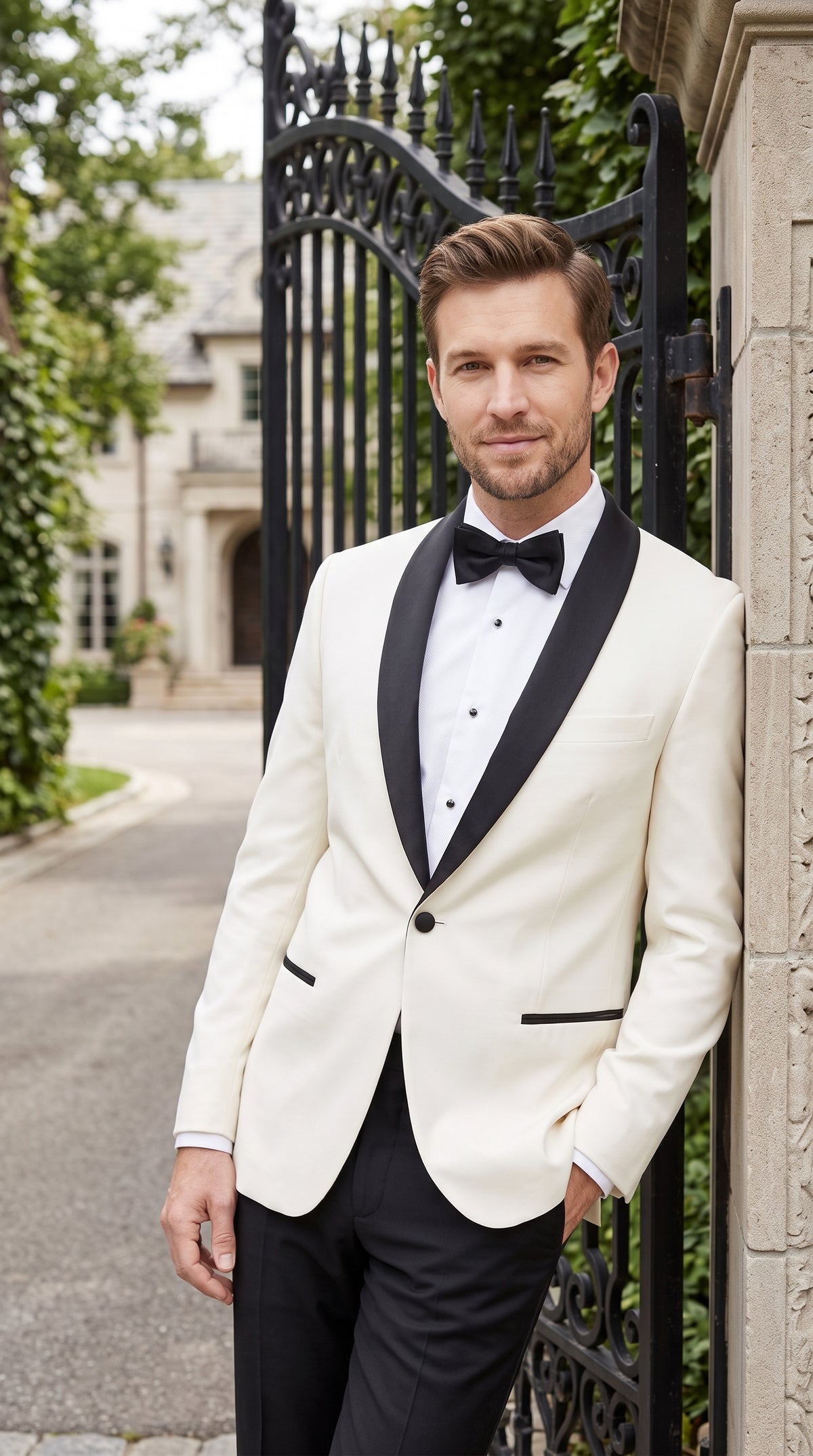 Men’s Designer Ivory and Black Satin Shawl Dinner Jacket, Formal Tuxedo Evening Jacket