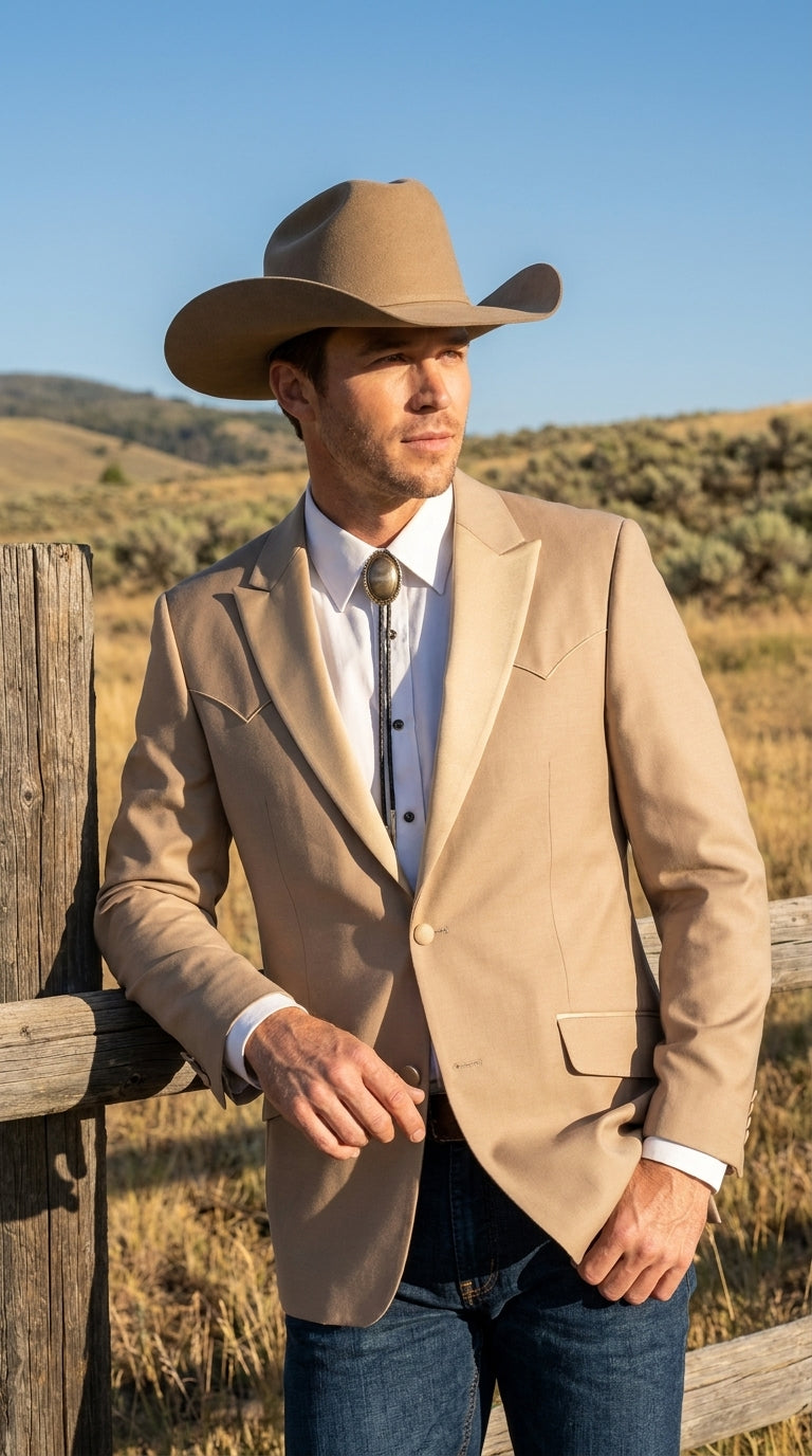 Men’s Western Tan Tuxedo Dinner Jacket, Light Khaki Beige Cowboy Formal Blazer