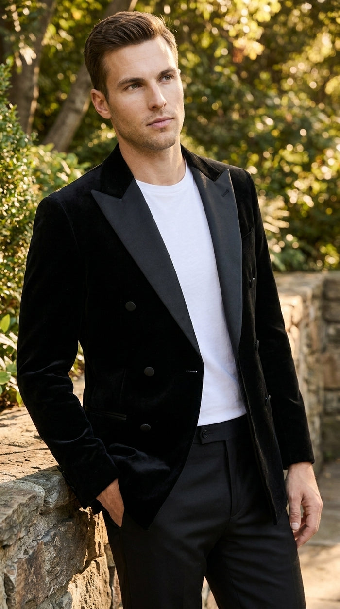 Men’s Black Velvet Double Breasted Blazer with Satin Peak Lapel, Formal Tuxedo Dinner Jacket
