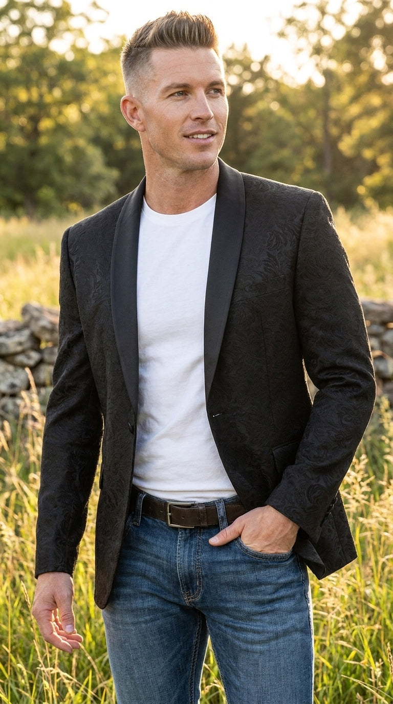 Men’s Black Paisley Jacquard Western Blazer with Satin Shawl Lapel, Formal Designer Sport Coat