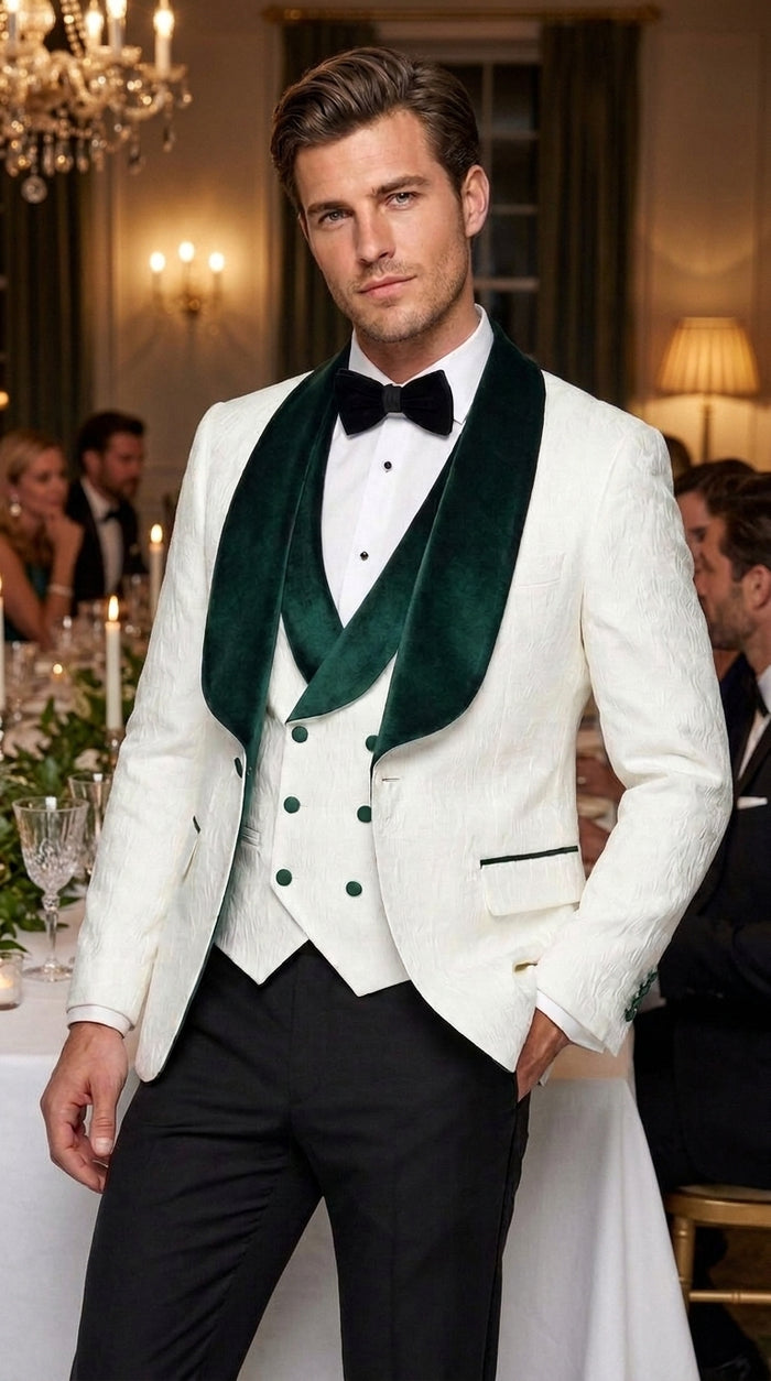 Men’s White and Hunter Green Tuxedo Dinner Jacket, Wide Velvet Shawl Lapel Groom Prom Blazer