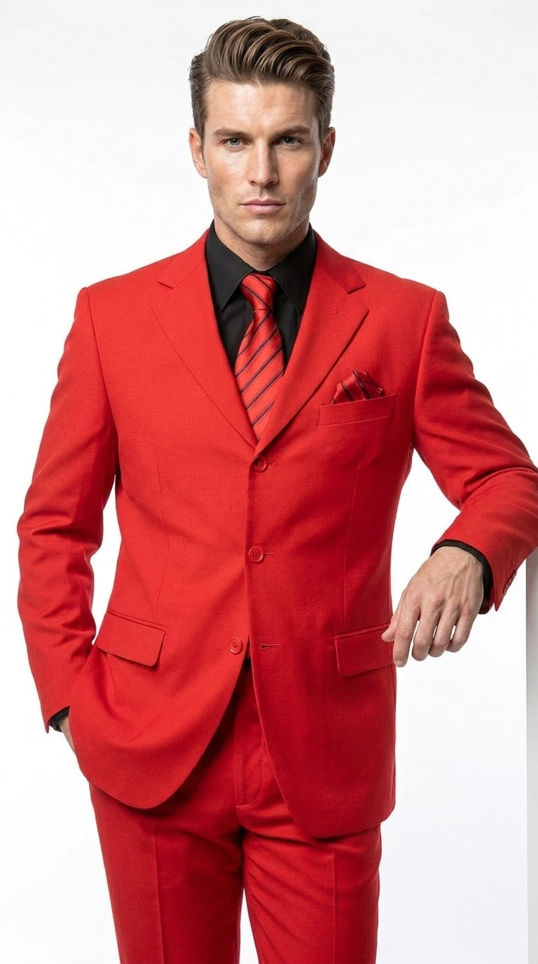 G-Men Men’s Red Super 120s Suit, Solid Color Formal Wedding Prom Business Dress Suit