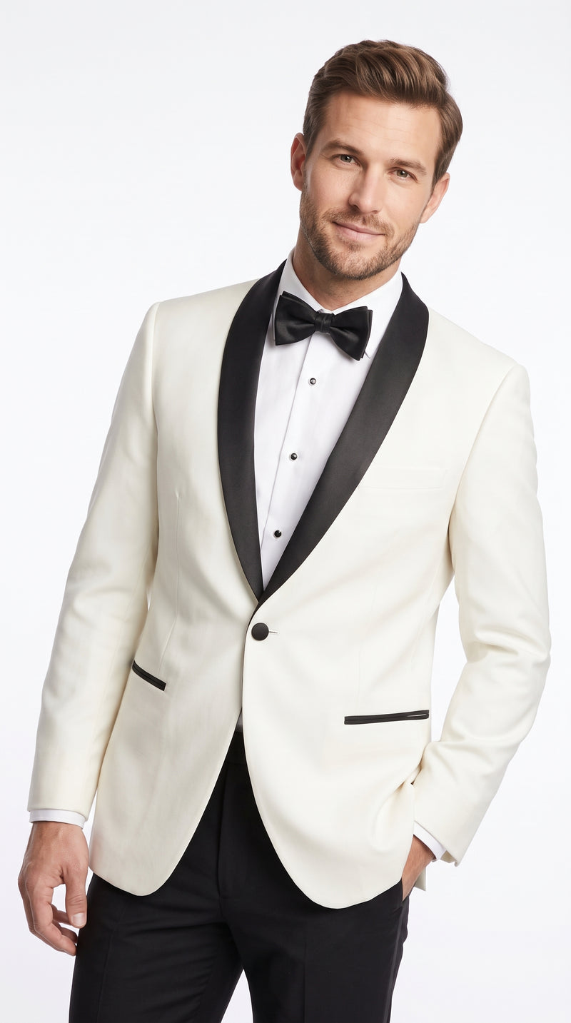 Men’s Designer Ivory and Black Satin Shawl Dinner Jacket, Formal Tuxedo Evening Jacket