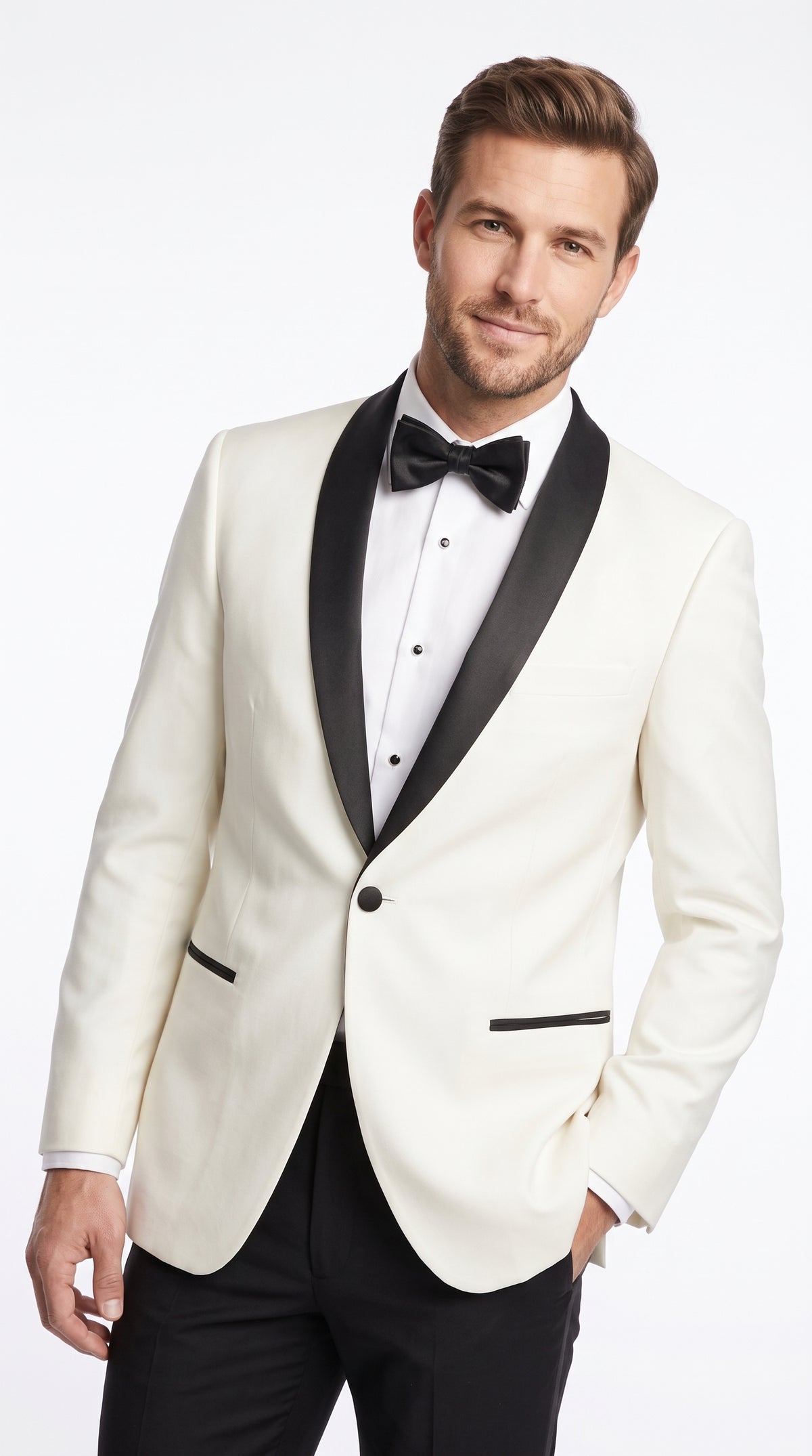 Men’s Designer Ivory and Black Satin Shawl Dinner Jacket, Formal Tuxedo Evening Jacket
