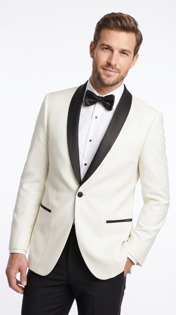 Men’s Designer Ivory and Black Satin Shawl Dinner Jacket, Formal Tuxedo Evening Jacket