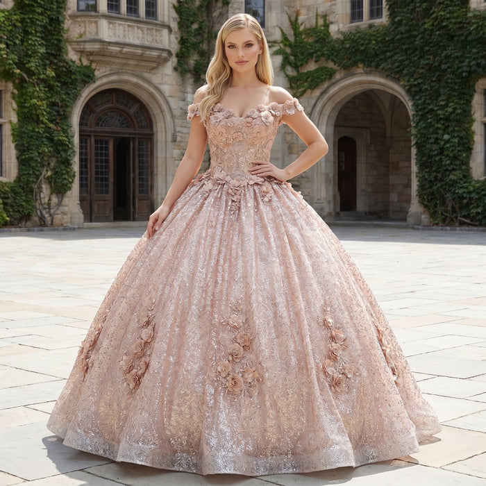 Champagne Off-Shoulder Quinceañera Ball Gown with 3D Floral Appliqués & Detachable Train – Sweet 15 Princess Dress