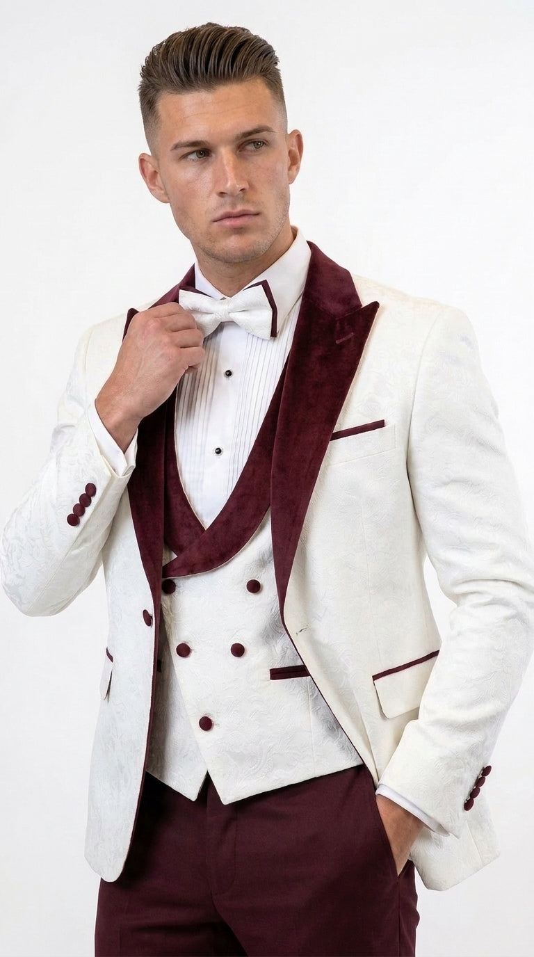 Men’s White and Burgundy Vested Tuxedo Suit, Formal Wedding Groom Prom Dinner Suit