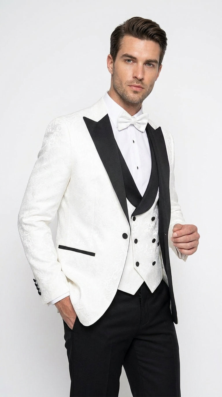 Men’s White and Black Vested Tuxedo Suit, Formal Wedding Groom Prom Dinner Suit