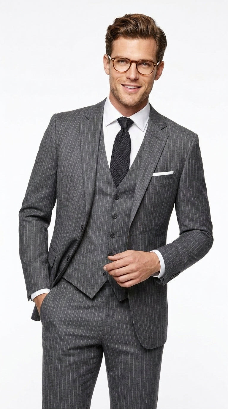 Men’s Charcoal Grey Pinstripe 2 Button Vested Wool Suit, Modern Fit Formal Business Dress Suit