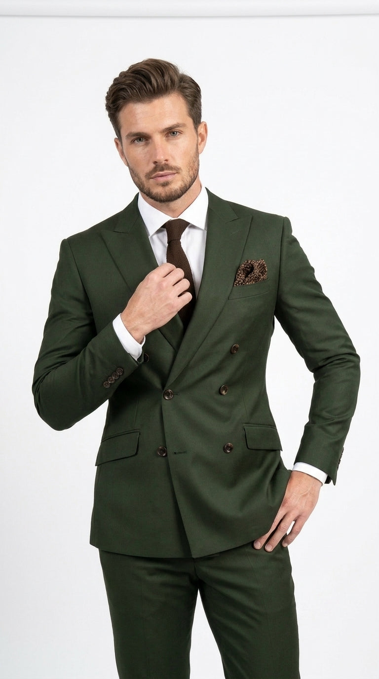 Men’s Dark Green Double Breasted Suit, Tapered Fit Formal Wedding Business Dress Suit