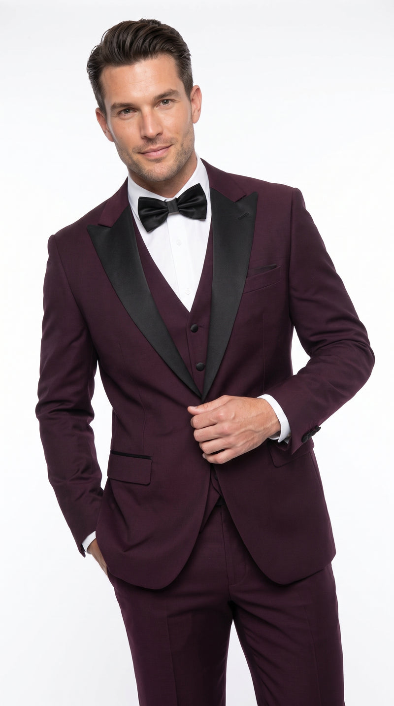 Alberto Men’s Burgundy 1 Button Peak Lapel Tuxedo, Formal Wedding Prom Dinner Suit