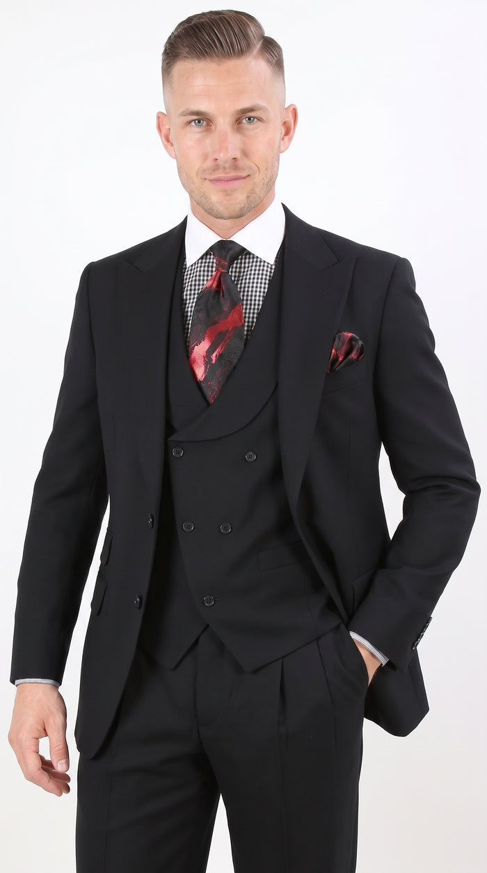 Men’s Black 100% Wool Super 150s Suit, Classic Fit Athletic Cut with Double Breasted Vest and Pleated Pants