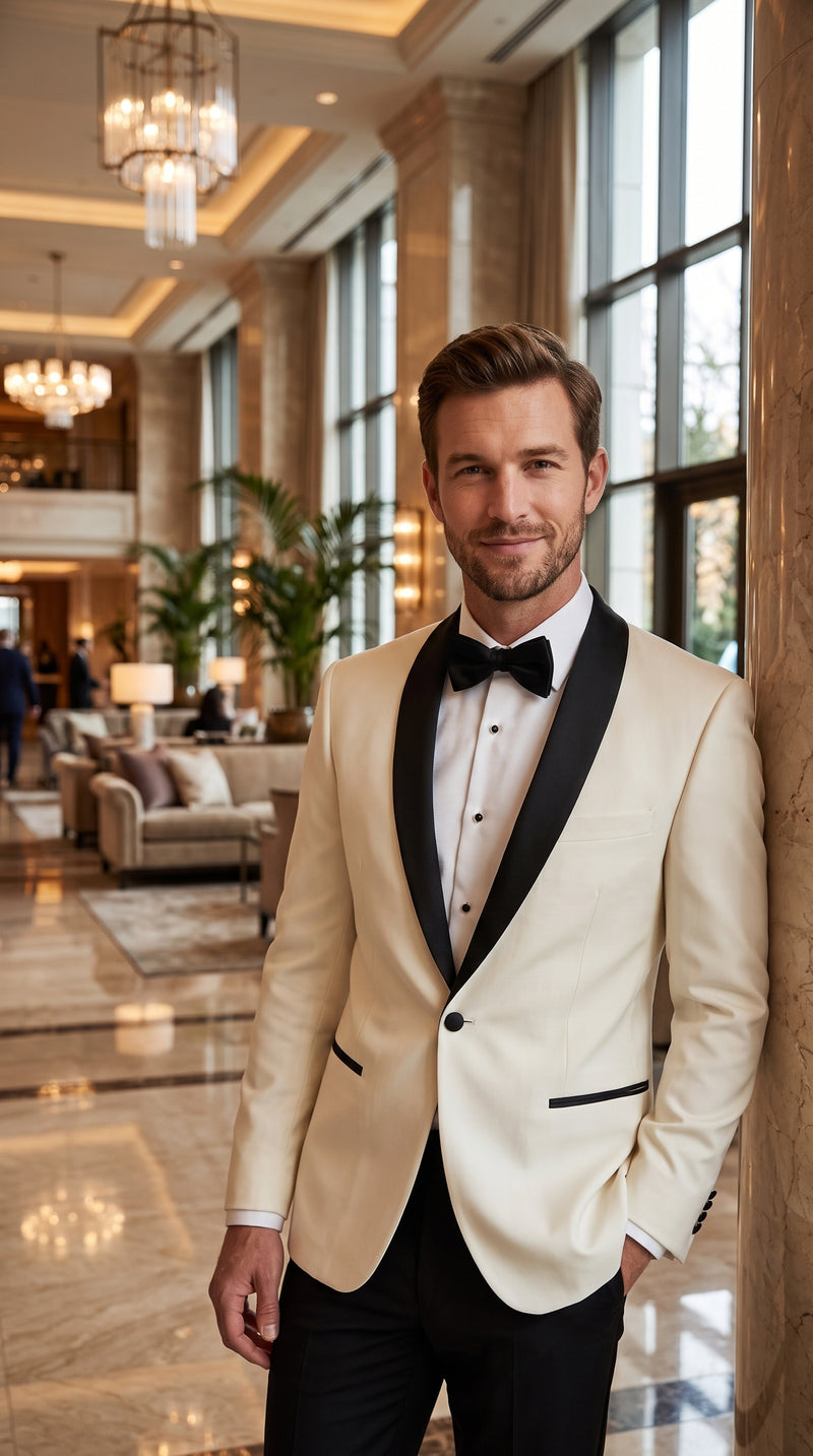 Men’s Designer Ivory and Black Satin Shawl Dinner Jacket, Formal Tuxedo Evening Jacket