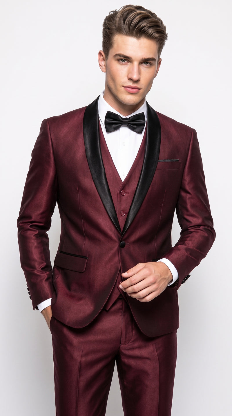 Men's Burgundy Sharkskin 3-Piece Tuxedo Suit – One Button Black Satin Shawl Lapel Vested Wedding & Prom Tuxedo