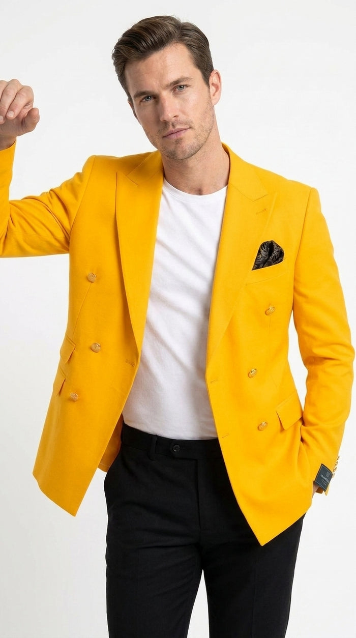 Men’s Gold Double Breasted Blazer, Bright Yellow Formal Sport Coat for Wedding and Party Events