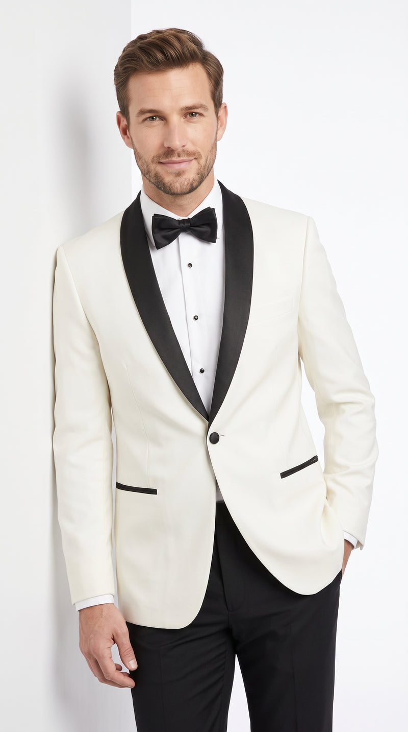 Men’s Designer Ivory and Black Satin Shawl Dinner Jacket, Formal Tuxedo Evening Jacket