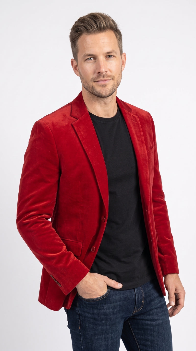 Men’s Red Velvet Blazer, Big and Tall 2 Button Formal Sport Coat for Weddings Prom and Parties