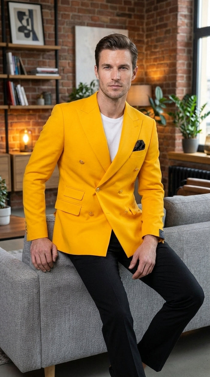 Men’s Gold Double Breasted Blazer, Bright Yellow Formal Sport Coat for Wedding and Party Events