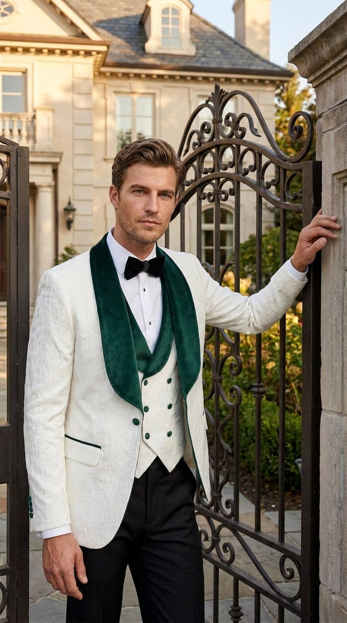 Men’s White and Hunter Green Tuxedo Dinner Jacket, Wide Velvet Shawl Lapel Groom Prom Blazer