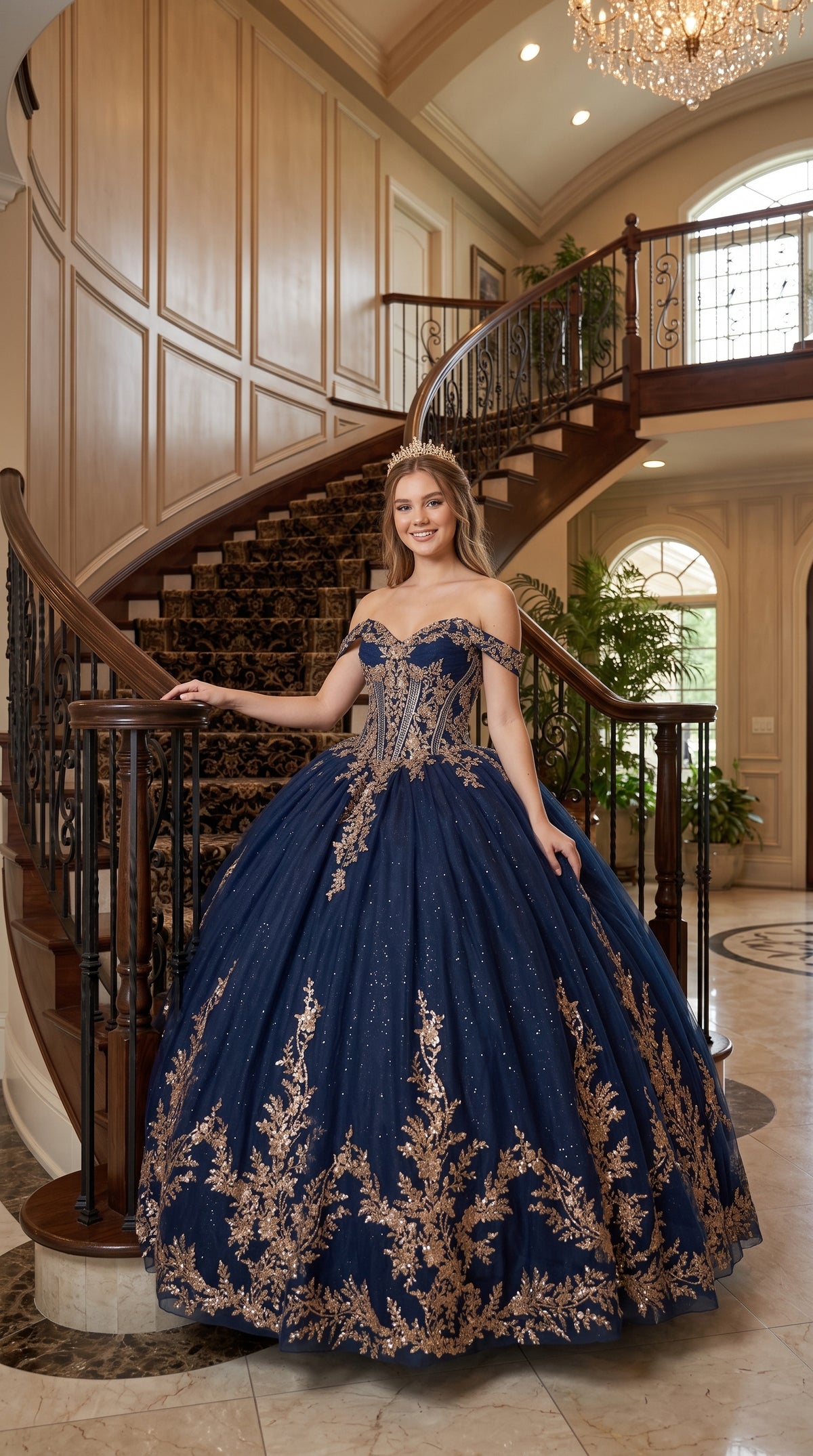 Navy/Gold Off-Shoulder V-Neck Satin Corset Lace Appliqué Ball Gown with Bow by Elizabeth K GL3674