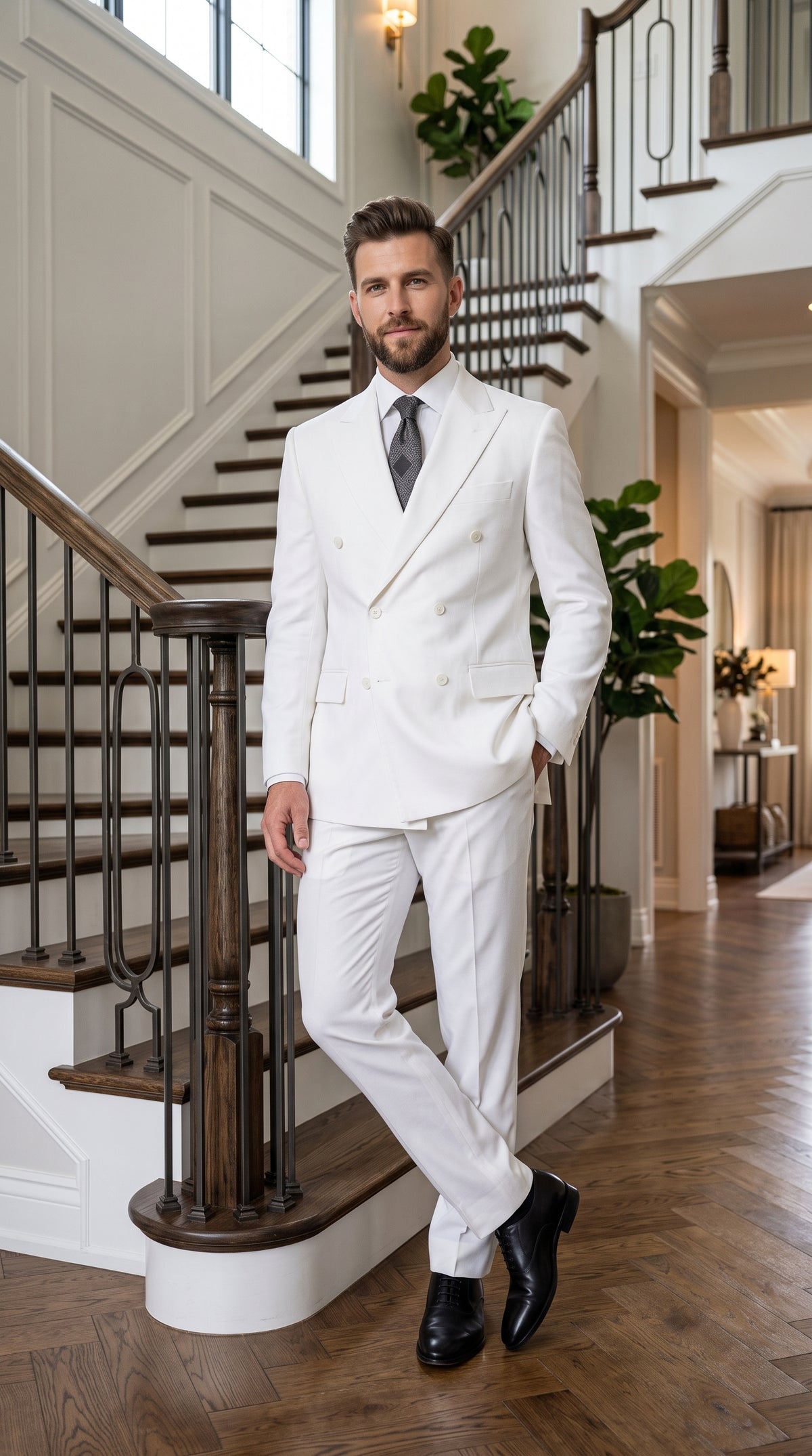 Men’s Solid White Double Breasted Suit, Classic Fit Formal Wedding Prom Dress Suit