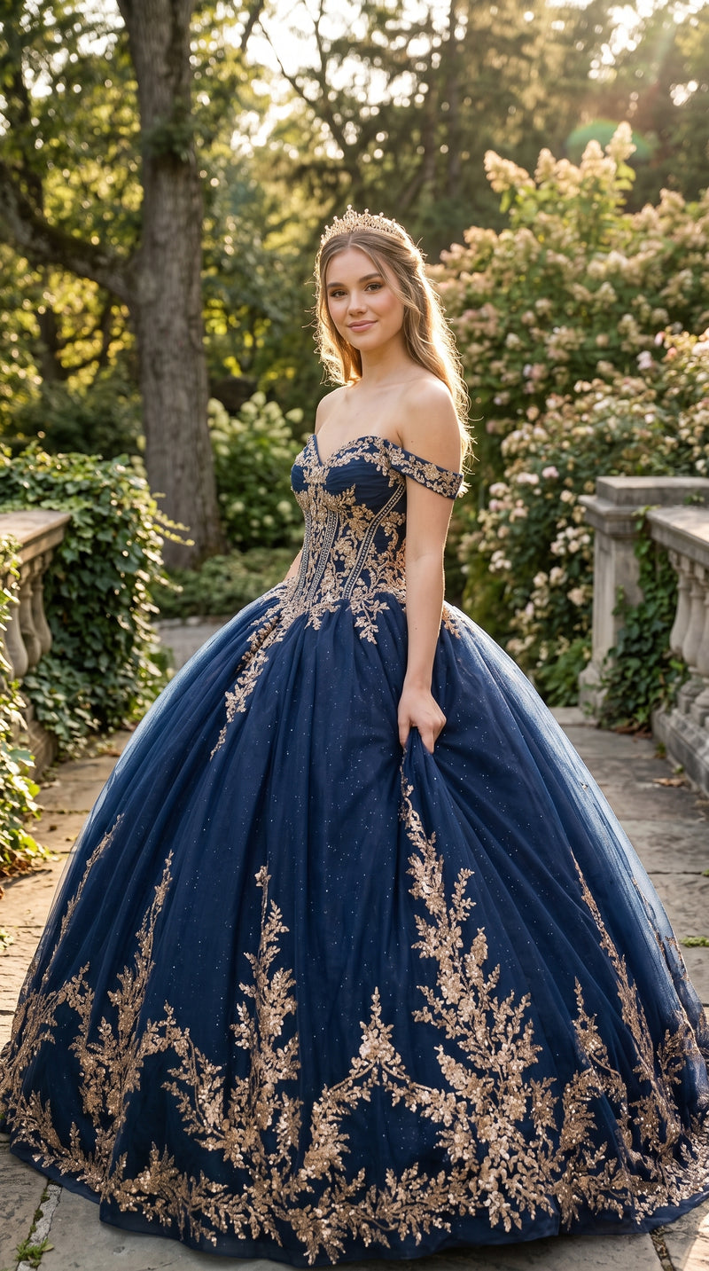 Navy/Gold Off-Shoulder V-Neck Satin Corset Lace Appliqué Ball Gown with Bow by Elizabeth K GL3674