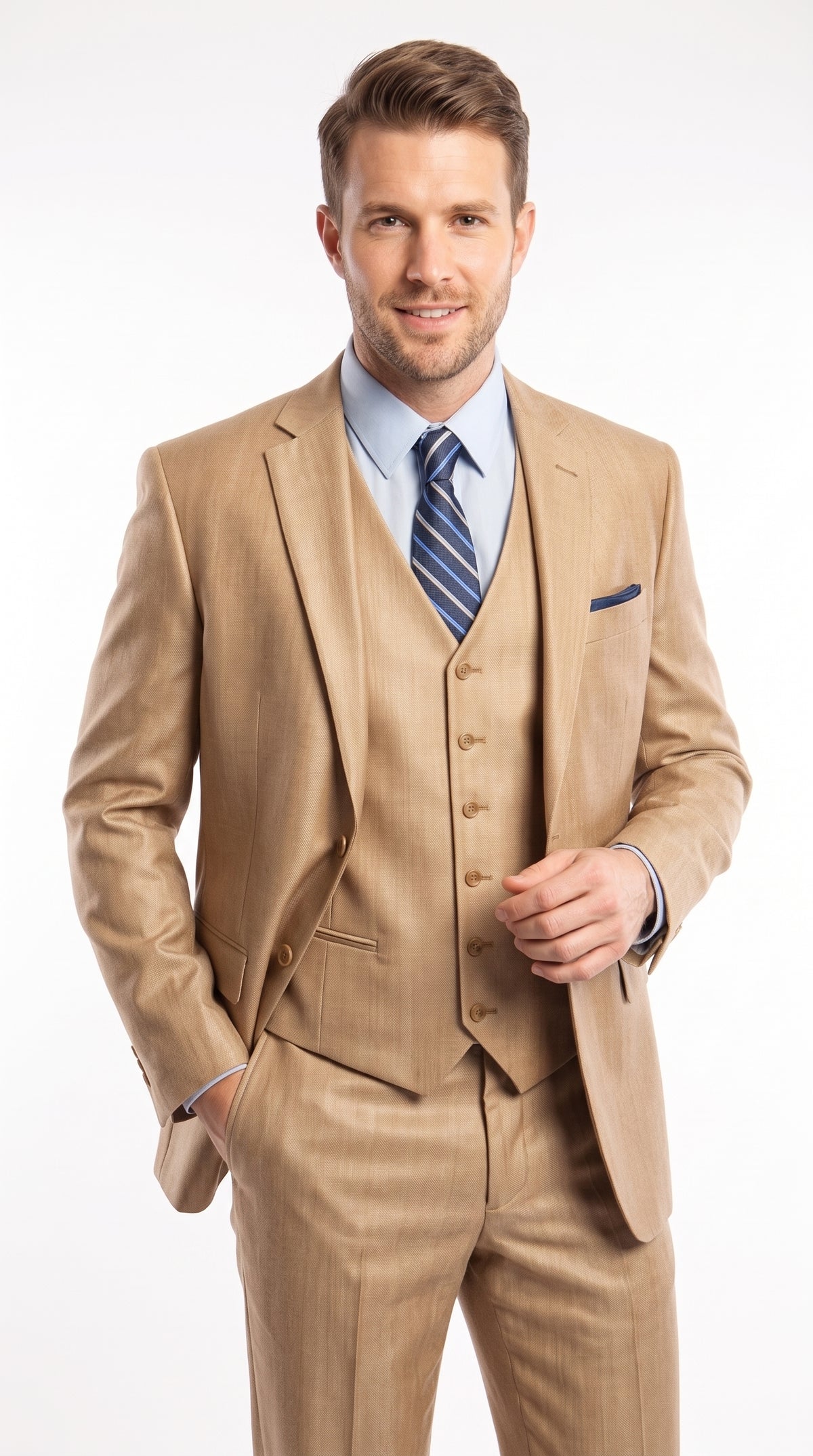 Men’s Camel Wheat Sharkskin 3 Piece Business Suit, Two Button Vested Formal Wedding Suit