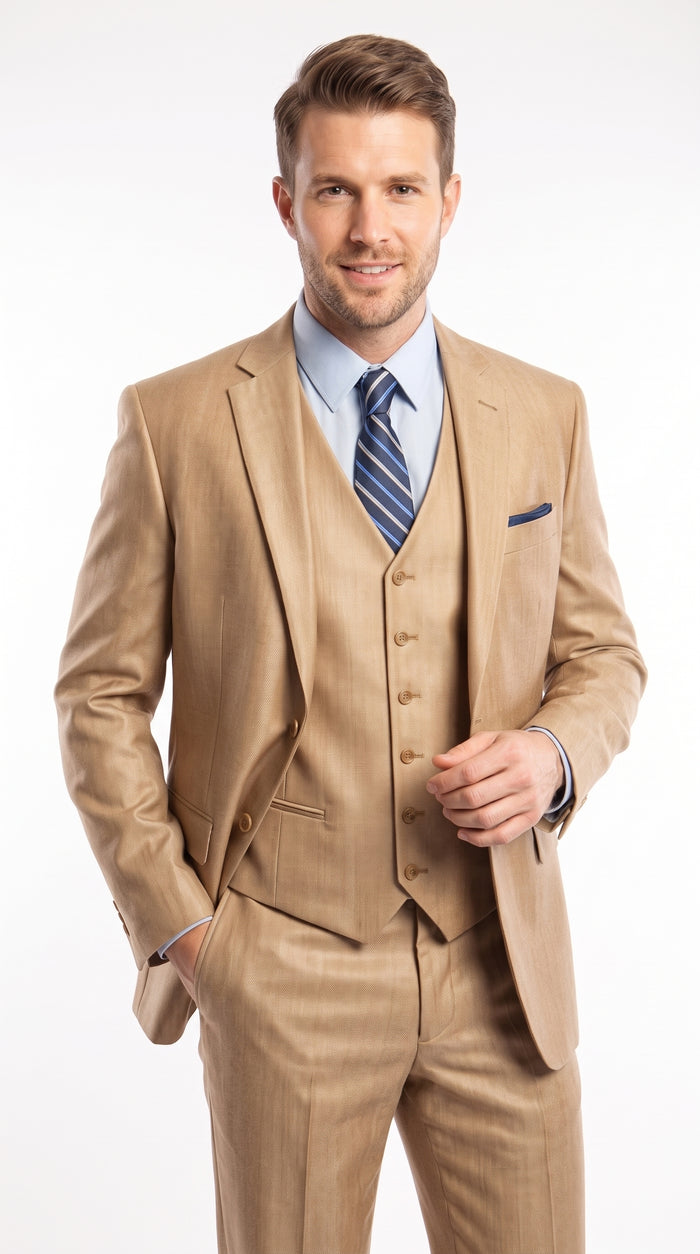 Men’s Camel Wheat Sharkskin 3 Piece Business Suit, Two Button Vested Formal Wedding Suit