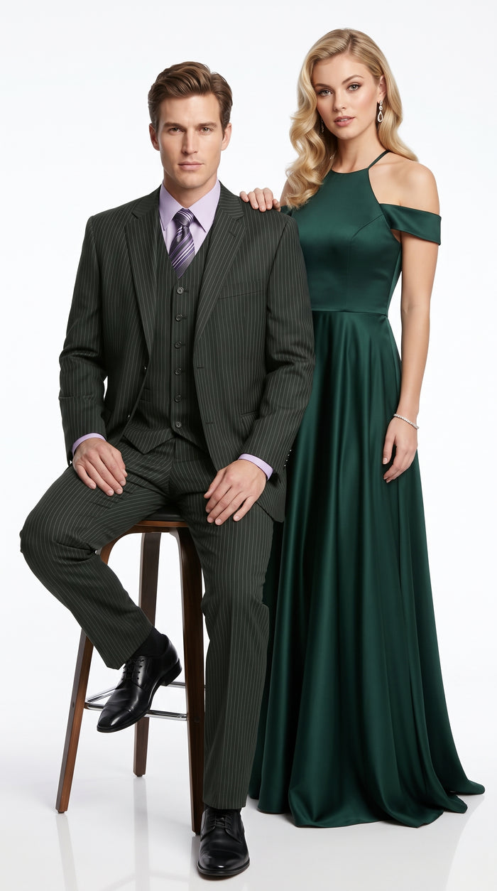 Men’s Black Pinstripe 3 Piece Suit, Vested 2 Button Formal Wedding Business Suit