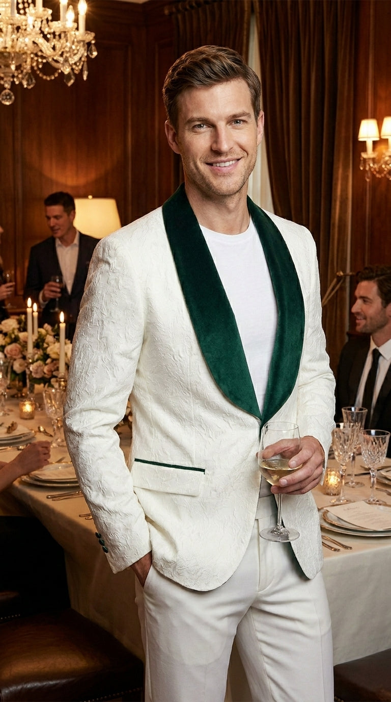 Men’s Ivory and Green Tuxedo Jacket with Velvet Shawl Lapel, Formal Wedding Dinner Blazer