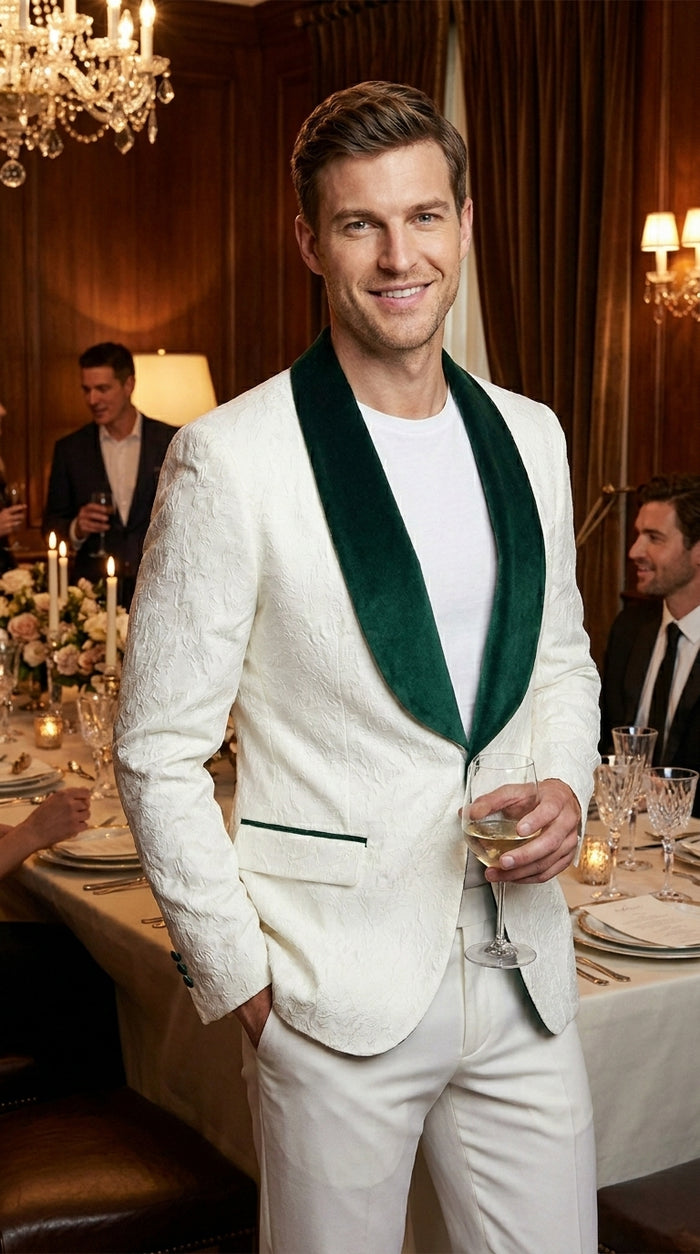 Men’s Ivory and Green Tuxedo Jacket with Velvet Shawl Lapel, Formal Wedding Dinner Blazer