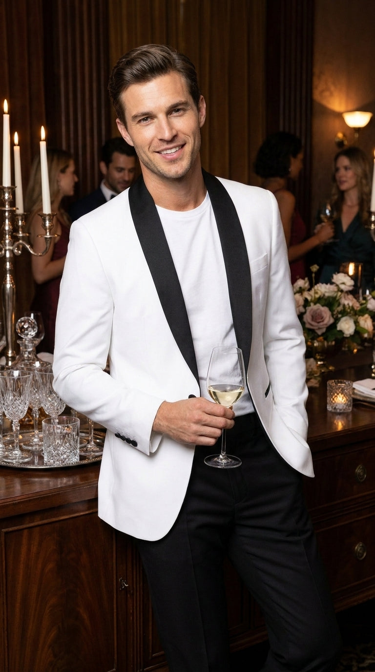 Men’s White Tuxedo Dinner Jacket with Black Shawl Lapel, Formal Wedding Prom Blazer