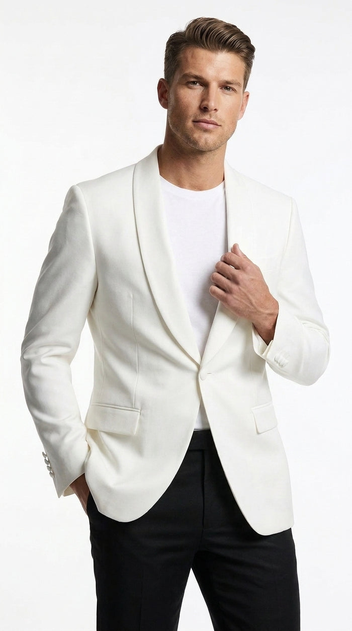 Men’s White Dinner Jacket with Shawl Lapel, Affordable Formal Tuxedo Blazer for Wedding and Prom