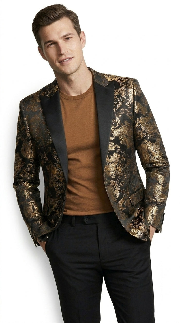 VINCI Men’s Gold and Black Paisley Tuxedo Dinner Jacket – Formal Prom, Wedding and Party Blazer