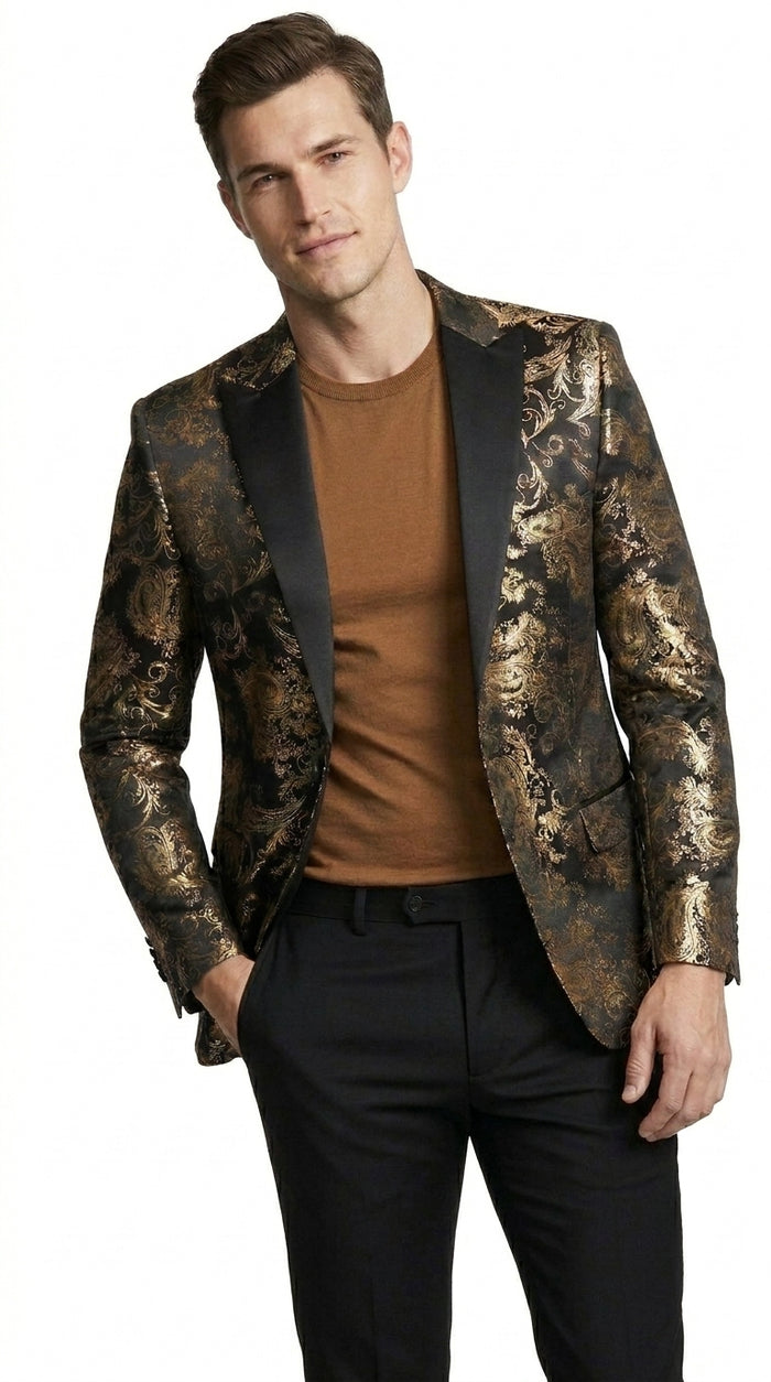 VINCI Men’s Gold and Black Paisley Tuxedo Dinner Jacket – Formal Prom, Wedding and Party Blazer