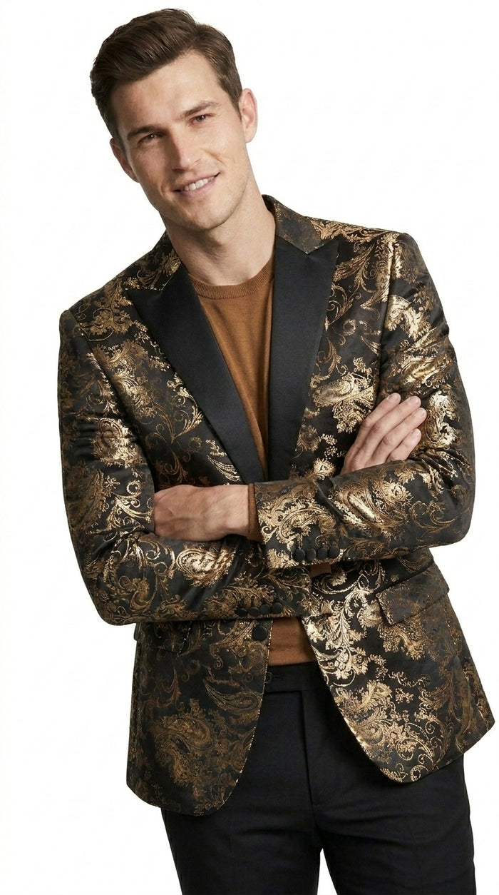 VINCI Men’s Gold and Black Paisley Tuxedo Dinner Jacket – Formal Prom, Wedding and Party Blazer
