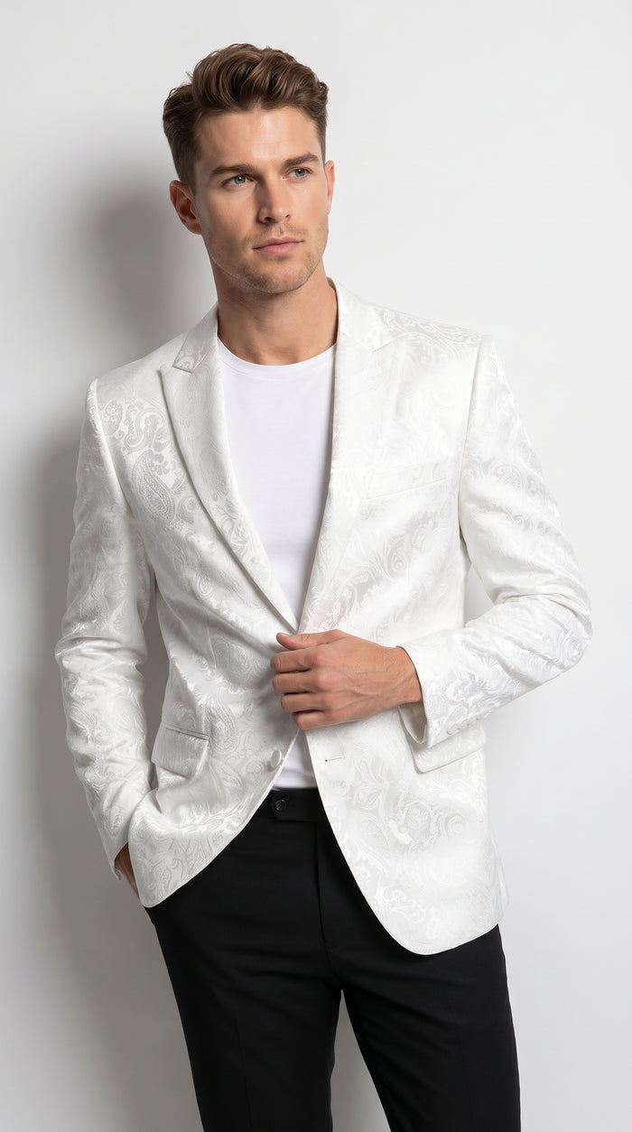 Men’s White Paisley Blazer, Formal Dinner Jacket for Wedding Prom and Special Events