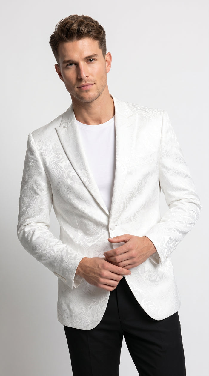 Men’s White Paisley Blazer, Formal Dinner Jacket for Wedding Prom and Special Events