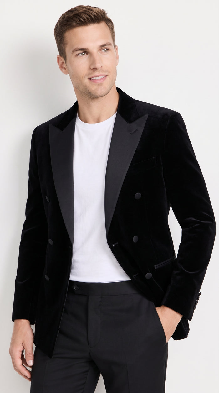 Men’s Black Velvet Double Breasted Blazer with Satin Peak Lapel, Formal Tuxedo Dinner Jacket