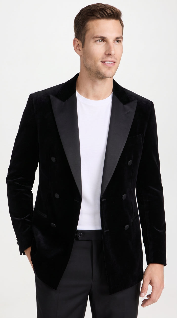 Men’s Black Velvet Double Breasted Blazer with Satin Peak Lapel, Formal Tuxedo Dinner Jacket