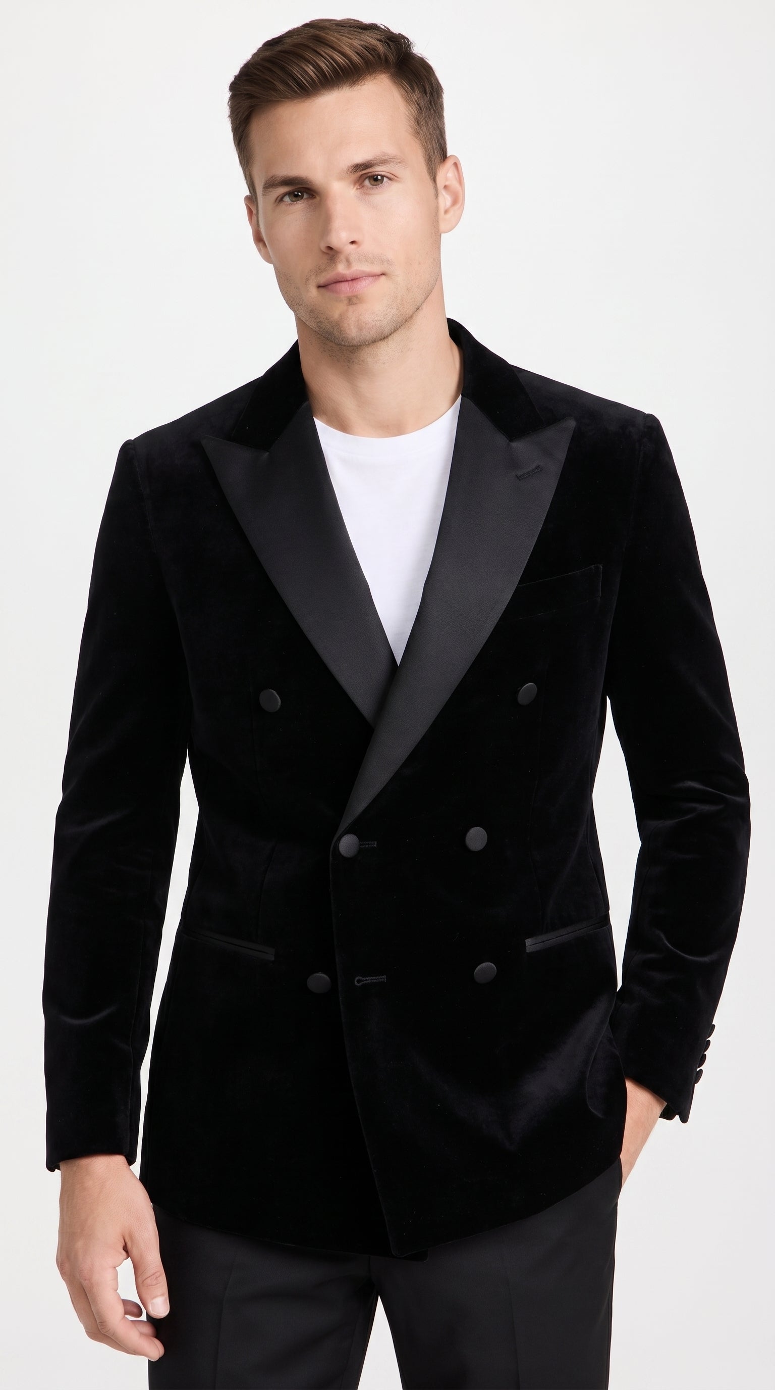 Men’s Black Velvet Double Breasted Blazer with Satin Peak Lapel, Formal Tuxedo Dinner Jacket